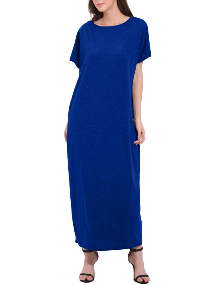 Womens Short Sleeve Plain Long Casual Pocket Maxi Dress