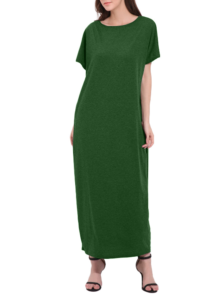 Womens Short Sleeve Plain Long Casual Pocket Maxi Dress