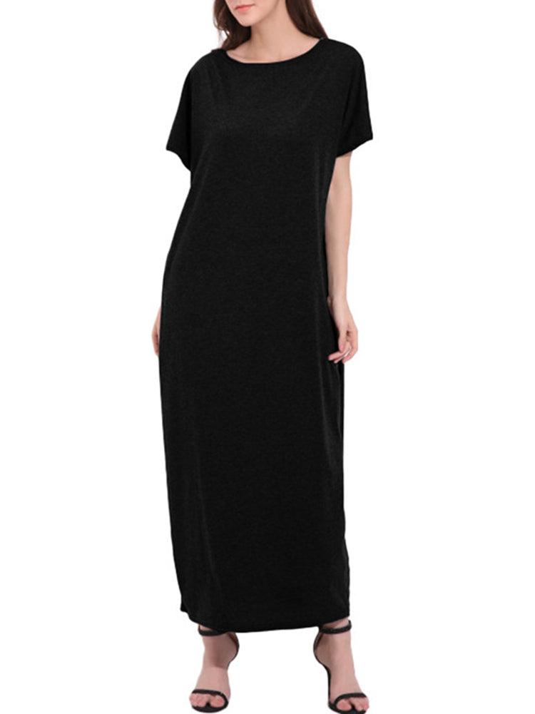 Womens Short Sleeve Plain Long Casual Pocket Maxi Dress