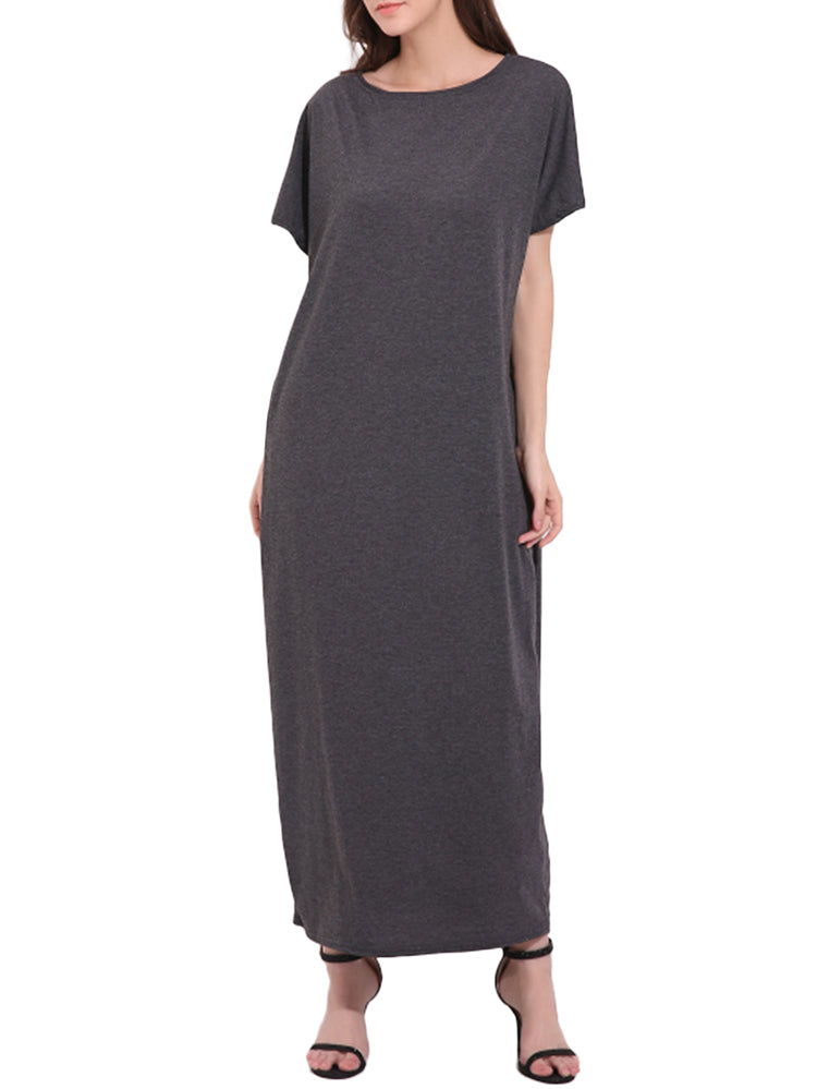 Womens Short Sleeve Plain Long Casual Pocket Maxi Dress