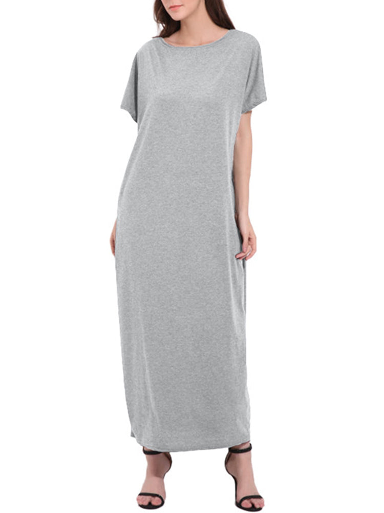 Womens Short Sleeve Plain Long Casual Pocket Maxi Dress