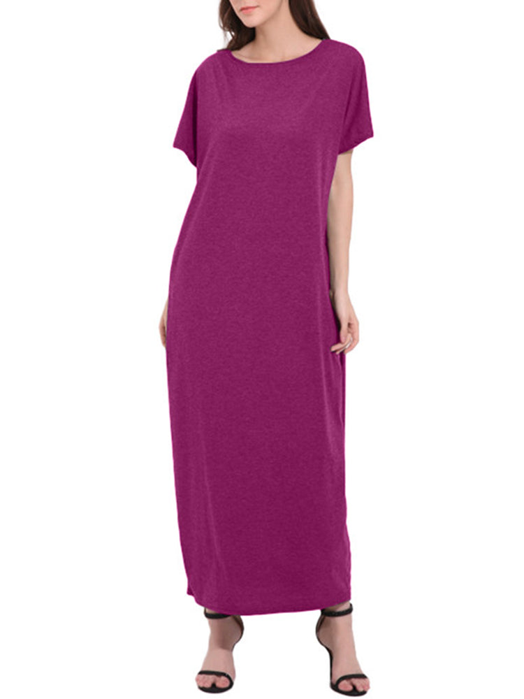 Womens Short Sleeve Plain Long Casual Pocket Maxi Dress